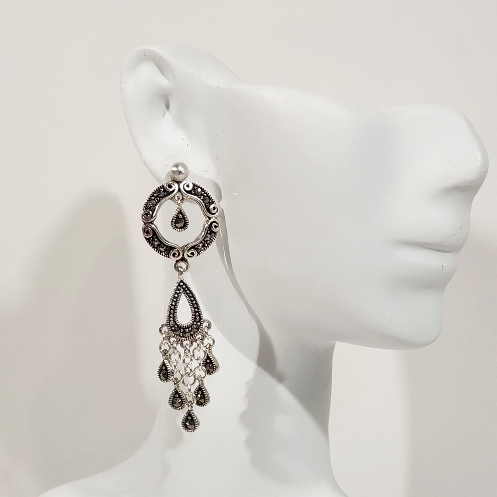 Genuine Vintage Sterling Silver & Marcasite Dangling Chandelier Earrings
